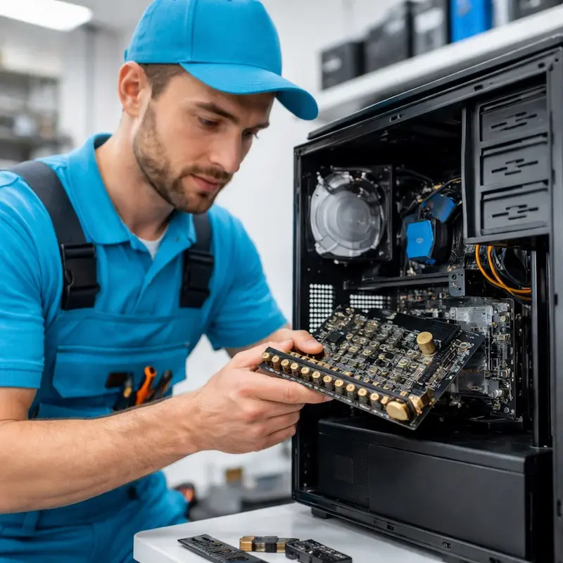 Мастер устанавливает звуковую карту на ПК в Краснообске